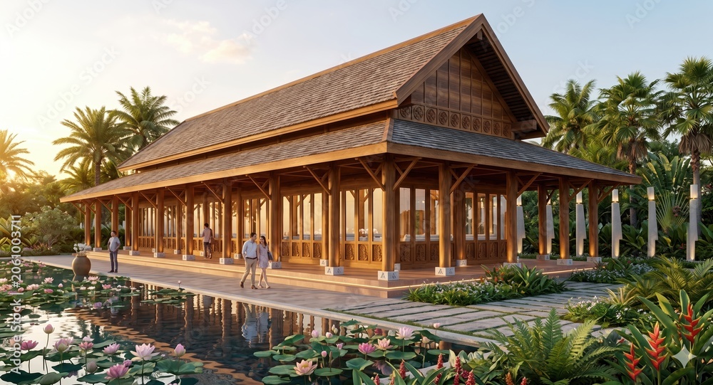 Fototapeta premium Input ingredienSerene Tropical Pavilion Exterior Visualization Breakdownt 0