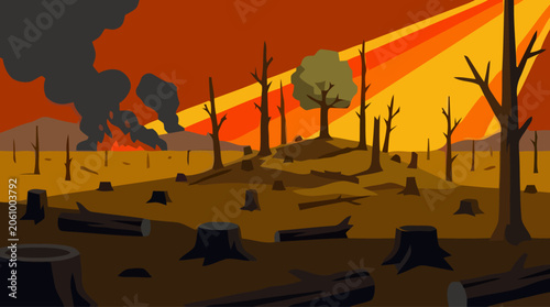 Cuadro en lienzo A devastating forest fire rages across a barren landscape with stumps, trees, and smoke