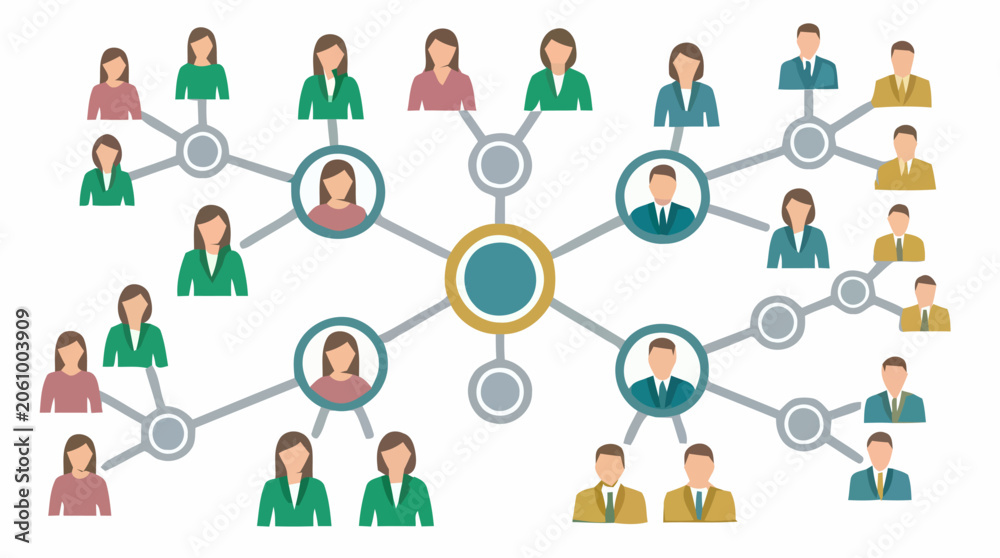 Fototapeta premium A group of people are connected to a central figure in a network illustration.