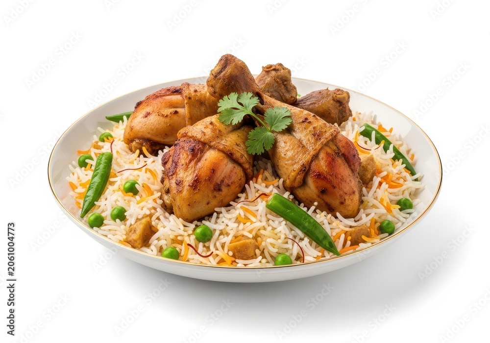 Fototapeta premium Chicken biryani with basmati rice and green peas isolated on white background