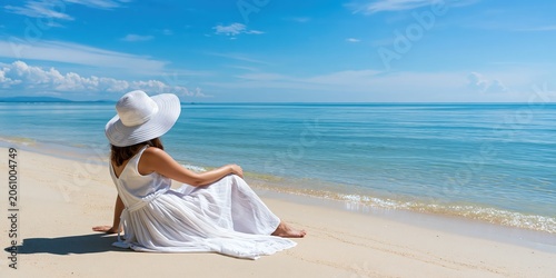 Woman in white dress and sun hat sitting on a pristine tropical beach, looking at the calm blue ocean