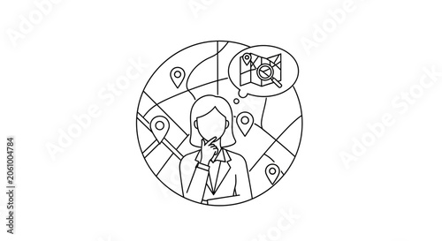 Businesswoman planning travel route with map and location pins, strategic thinking