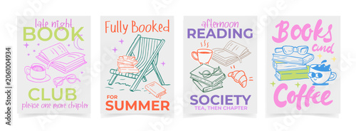 Tableau sur toile Cute hand-drawn book club and reading themed illustrations with books, coffee, chair and cozy library elements