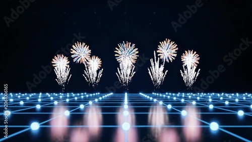 A futuristic digital illustration of glowing blue lines and dots on a dark background