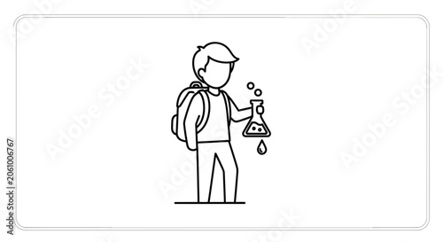 Young student with backpack holding a flask with bubbles, science education concept
