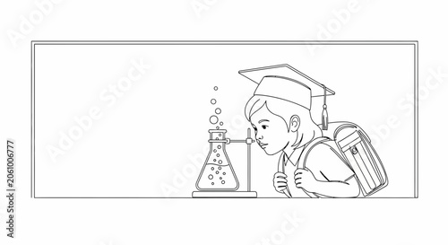 Young student with graduation cap and backpack observes chemical reaction in flask