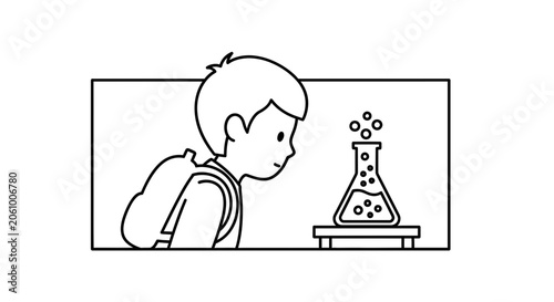 Young student with backpack observing chemical reaction in flask, science education concept