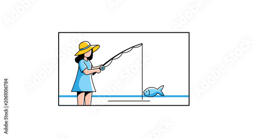 Young Woman Fishing at the Beach with Hat and Blue Dress