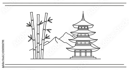 Zen Garden Pagoda and Bamboo Outline Illustration - Asian Culture and Serenity