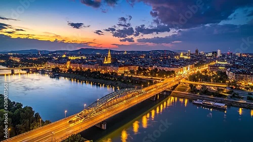 A scenic urban bridge spans a river during a golden sunset