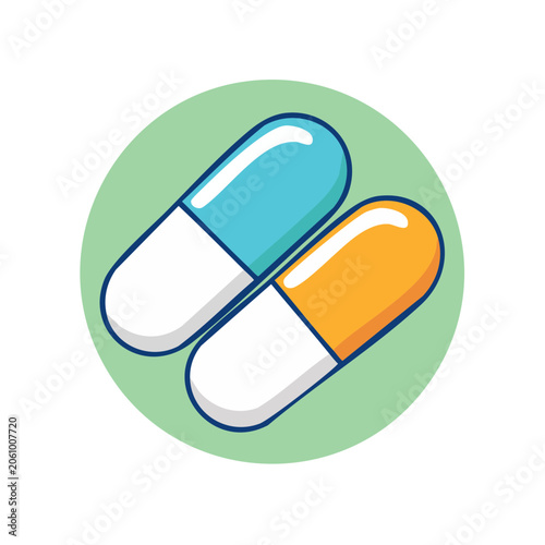 Two colorful capsules on a green circle background