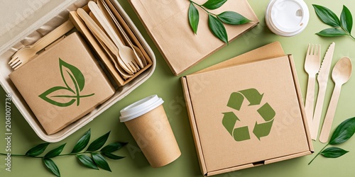 Eco friendly food delivery packaging featuring compostable containers, kraft paper bags, and recycled cardboard boxes promoting sustainability