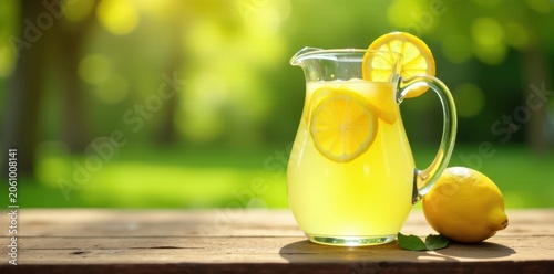 Clear glass pitcher filled with bright lemonade on a wooden picnic table , picnic, citrus, outdoor