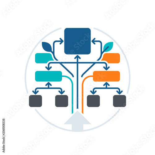 Conceptual illustration of a structured data flow diagram with branching nodes and organic leaf elements for business growth