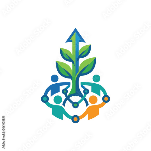 Symbolic representation of teamwork and growth, showing people connected around a thriving plant with an upward-pointing arrow