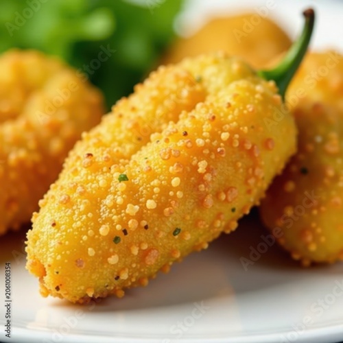 Close-up of a single golden crispy jalapeno popper on a serving plate , snack, jalapeno, baked