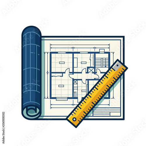 Professional vector graphic of a building blueprint and a ruler, ideal for themes of architectural planning, construction projects, and design schematics, representing precision and development