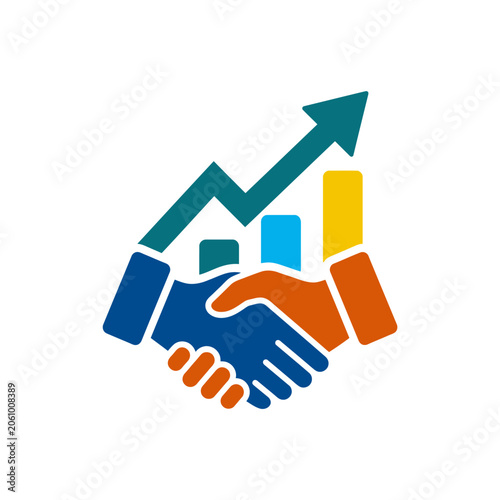 Handshake partnership icon with growing business graph and upward trend arrow symbolizing success and successful cooperation