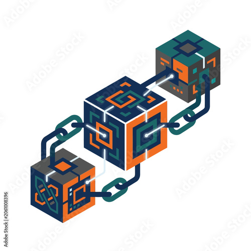 Isometric Digital Blocks Connected by Chain Links Representing Decentralized Secure Blockchain Technology and Data Synchronization