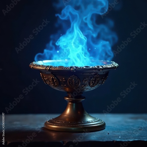 Close-up of blue magic lamp with glowing gemstone and ornate details, mysterious, mystical, fantasy