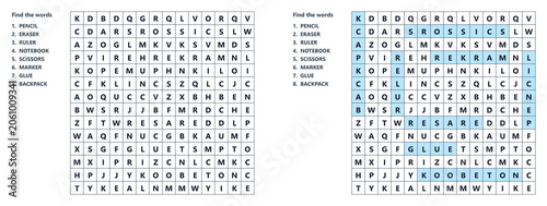 School Supplies Word Search Puzzle Worksheet for Kids, Word seek puzzle sheet