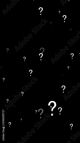 question marks rain slowly falling on black background. 4k loop question marks in vertical