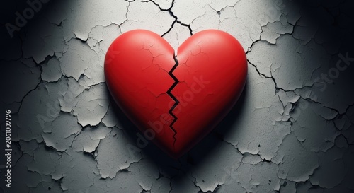 A red heart with a crack in the center on a textured, cracked gray wall background
