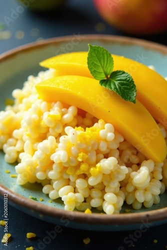 Close-up shot of a single serving of mango sticky rice with saffron-infused coconut milk sauce and fresh mango slices on top, Thai dessert, saffron, tropical fruit