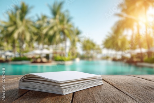 Open book rests on wooden surface by a sparkling poolside under palm trees