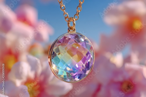 Rainbow Gemstone Necklace: A shimmering gemstone necklace with rainbow hues hangs delicately against a backdrop of soft pink blossoms and a clear blue sky, evoking a sense of wonder and beauty.