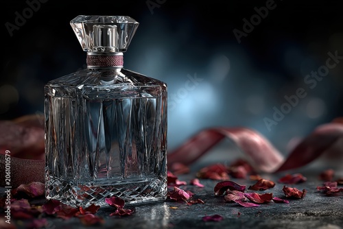 Ethereal Elixir: A vintage crystal perfume bottle, adorned with a delicate ribbon and scattered rose petals, exudes timeless elegance and luxury against a moody, bokeh-infused background.