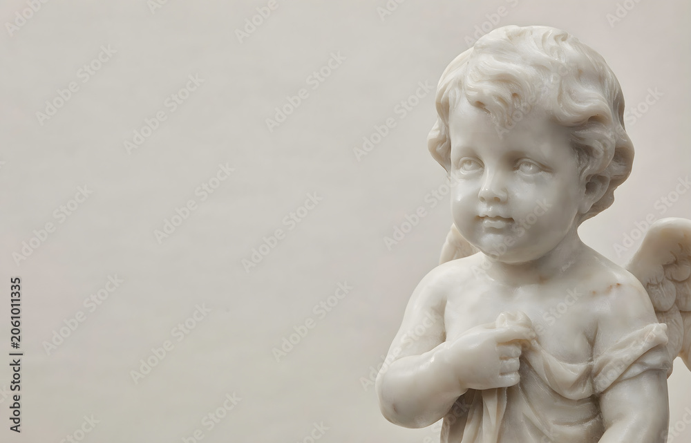 Obraz premium White Marble Cherub Angel Child Statue Close-Up Portrait with Wings on Light Gray Background