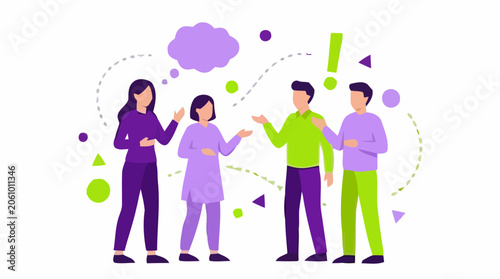 People communicate with colorful shapes around them in a lively scene
