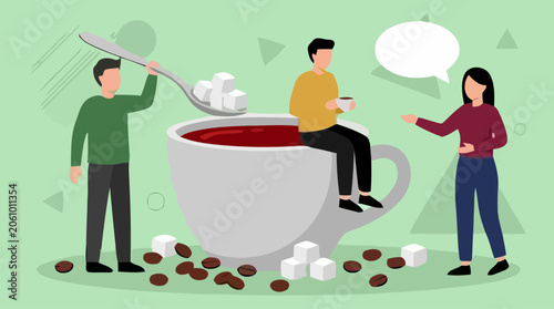 People sitting on a giant coffee cup discussing while another person adds sugar