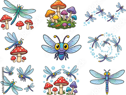 Cute dragonfly cartoon characters and colorful fantasy mushrooms set, vector illustration clip art