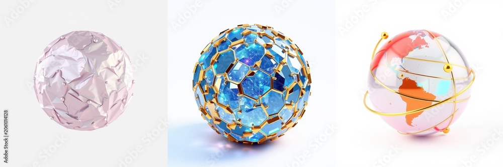 Naklejka premium Three spherical objects displayed. Pink, blue, earthtoned globes present geometric patterns, textures, shadows. Minimalist studio lighting.