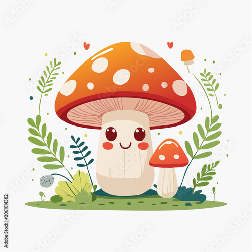 Cute Cartoon Mushrooms with Happy Faces and Greenery