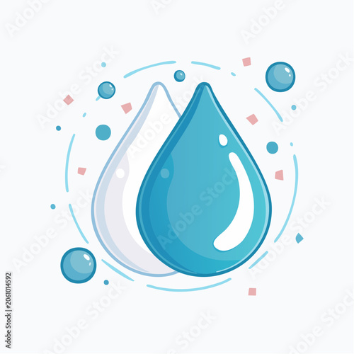 Two Water Drops, Blue and White, with Bubbles and Confetti