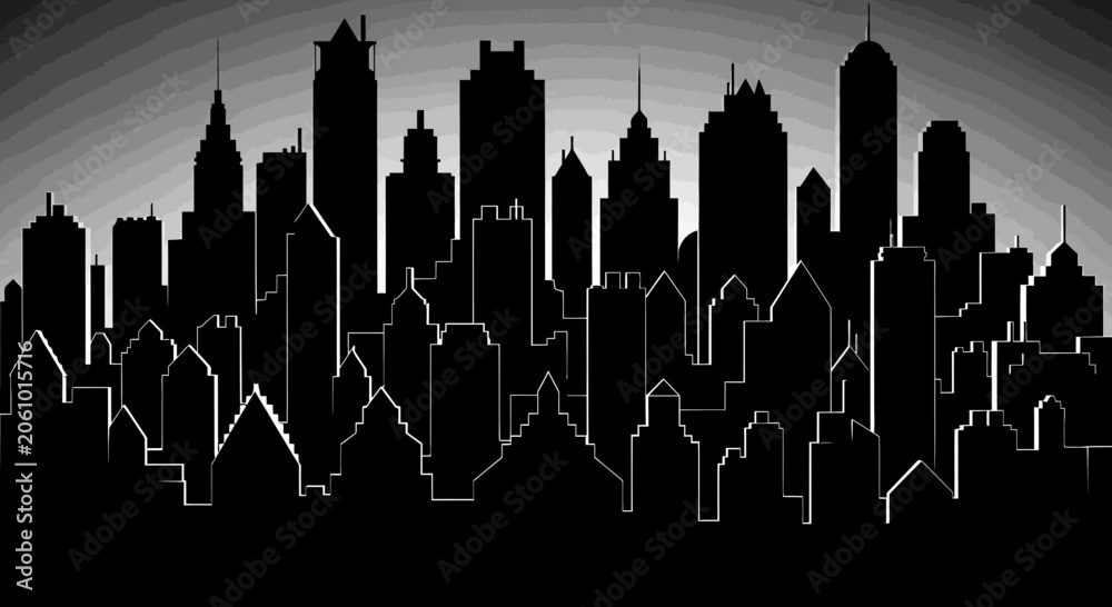 Obraz premium Black silhouette of a dense urban skyline against a gradient gray background