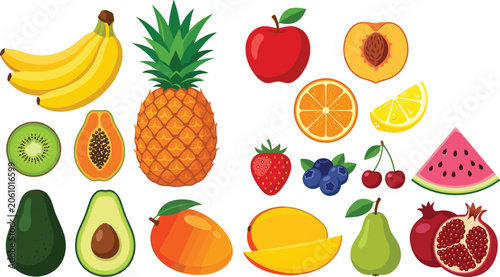 Colorful tropical fruit collection with fresh healthy food illustrations including banana, pineapple, apple, citrus and exotic fruits