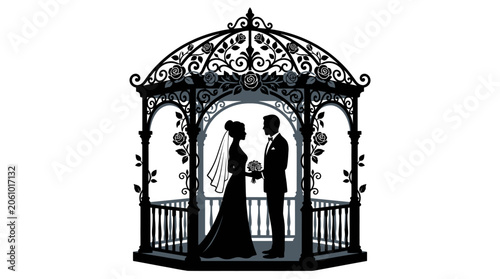 Bride and Groom in Rose Gazebo Silhouette