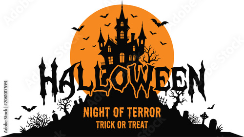 Billede på lærred Halloween night of terror with haunted house and bats flying around orange moon