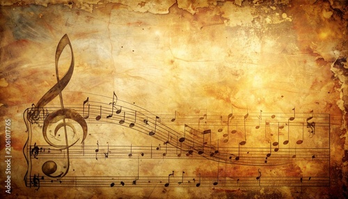 Aged sheet music with musical notes on a vintage, textured background evokes a sense of classical nostalgia and artistic history.