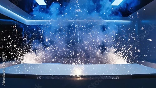 A mesmerizing display of water jets erupting from a circular platform, creating a stunning visual effect