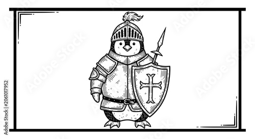 Cute Penguin Knight in Armor with Spear and Shield, Fantasy Character, Black and White Sketch