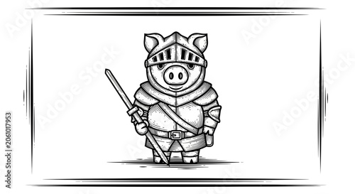 Cute pig knight in armor holding a spear, black and white sketch, fantasy character