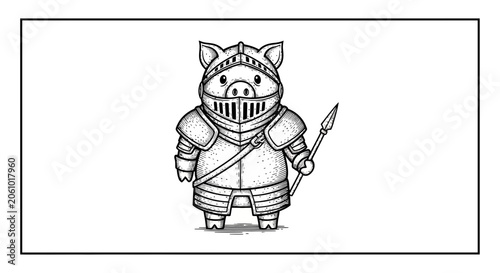 Cute Pig Knight in Armor Holding Spear, Whimsical Fantasy Character Illustration