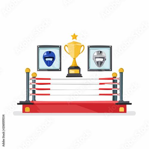 Boxing ring with trophy and protective helmets