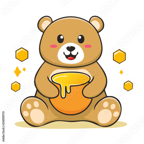 Cute cartoon bear holding a pot of dripping honey