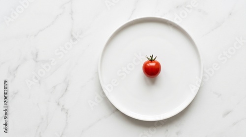 A single ripe red cherry tomato rests on a clean white plate against a bright white marble background, minimalist food photography